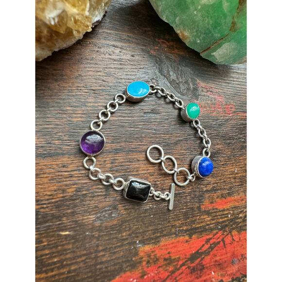 Amethyst Black Onyx Turquoise Chrysoprase Lapis Lazuli Sterling Bracelet - Picture 7 of 7